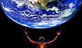 a man with arms outretched under a globe of Planet Earth
